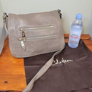 Cole Haan gray leather crossbody zipper details